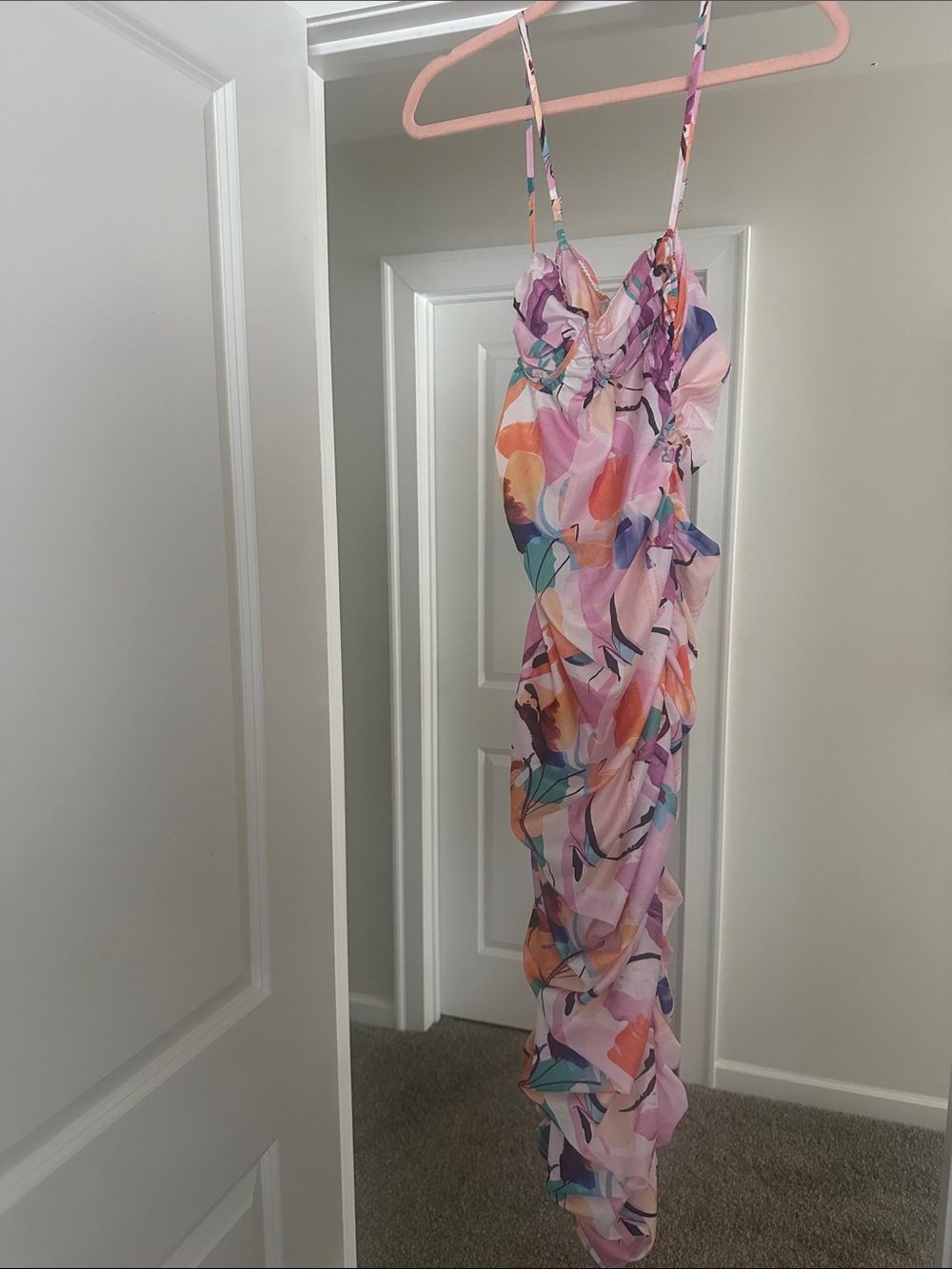 PrettyLittleThing Pink Abstract Ruched Midi Dress
